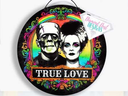 Customizable Frankenstein and Bride True Love round wood sign. For Cheap