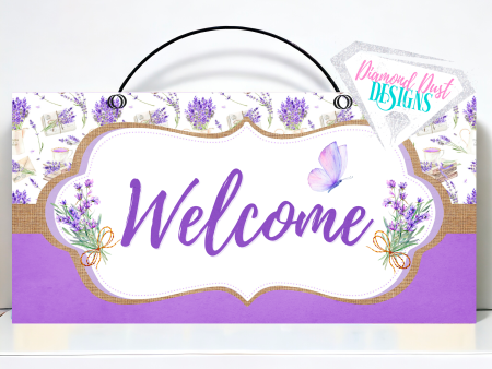 12x6 in. Lavender Welcome sign. Wood or metal option. Fashion