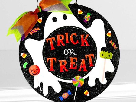 Trick or Treat round Ghost Halloween sign. Wood or Metal option. Online Sale