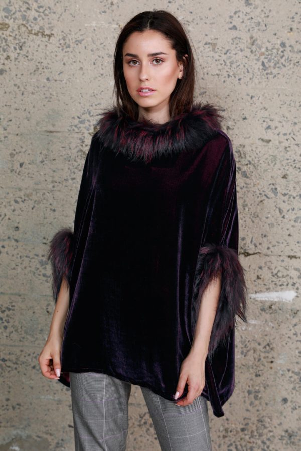 Silk Velvet Poncho with Raccoon Fur Trim Supply