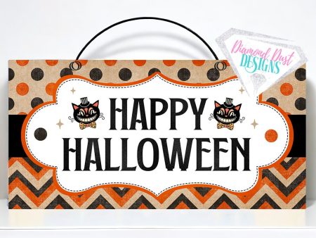 Vintage Happy Halloween sign with black cats. Wood or metal option. Cheap