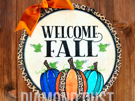 Welcome Fall leopard pumpkin  round sign. Wood or metal option. For Sale