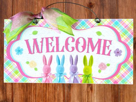 Flocked Bunny Welcome sign 6x12 in. Wood or metal option. For Discount