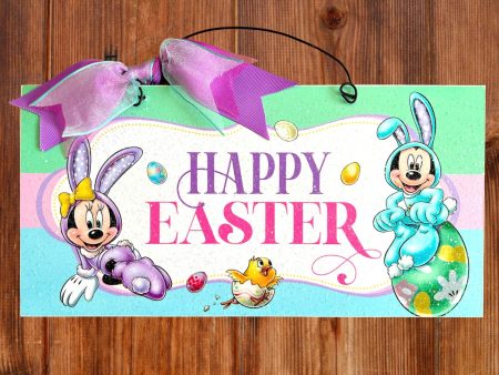 Mickey and Minnie bunny Happy Easter 6x12 inch sign. Customizable text wood or metal option. Fashion