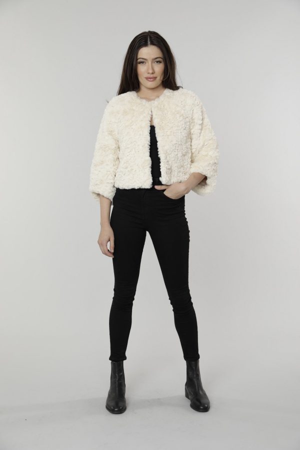 Textured Cropped Faux Fur Jacket For Cheap