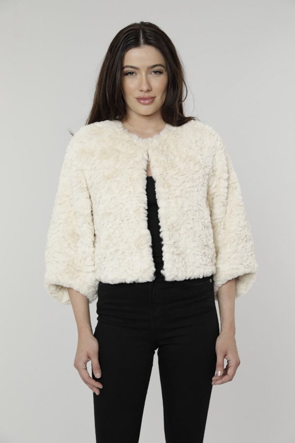 Textured Cropped Faux Fur Jacket For Cheap