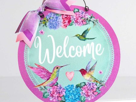 Hummingbird and Hydrangea round Welcome sign. Wood or metal options. Online