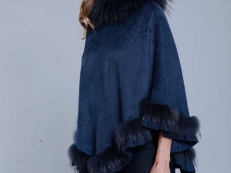 Faux Suede Poncho with Raccoon Fur Trim Discount