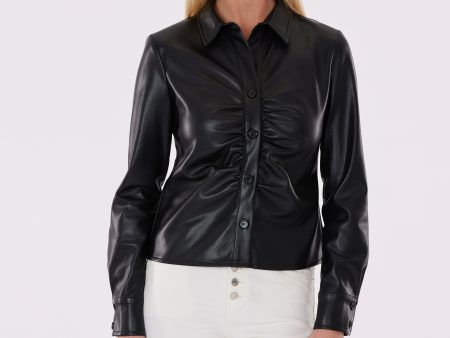 Faux Leather Button-Up Shirt with Ruching Detail on Sale