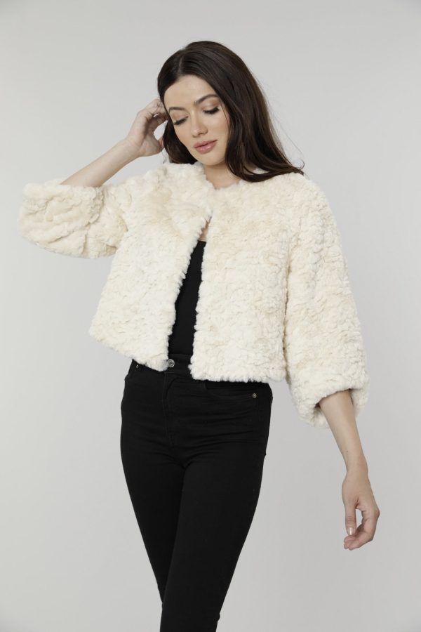 Textured Cropped Faux Fur Jacket For Cheap