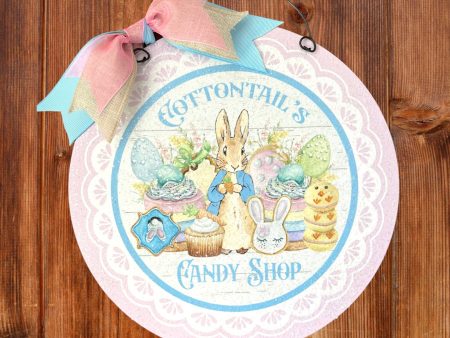 Cottontail s Candy shop 10 inch round sign. Wood or metal option. Cheap