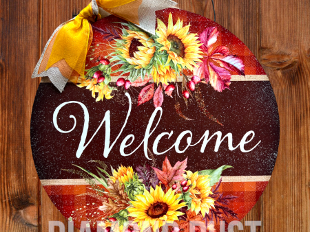 Welcome Sunflower Fall round sign. Wood or metal option. For Discount