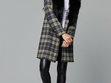 Long Plaid Coat with Detachable Fur Collar For Cheap