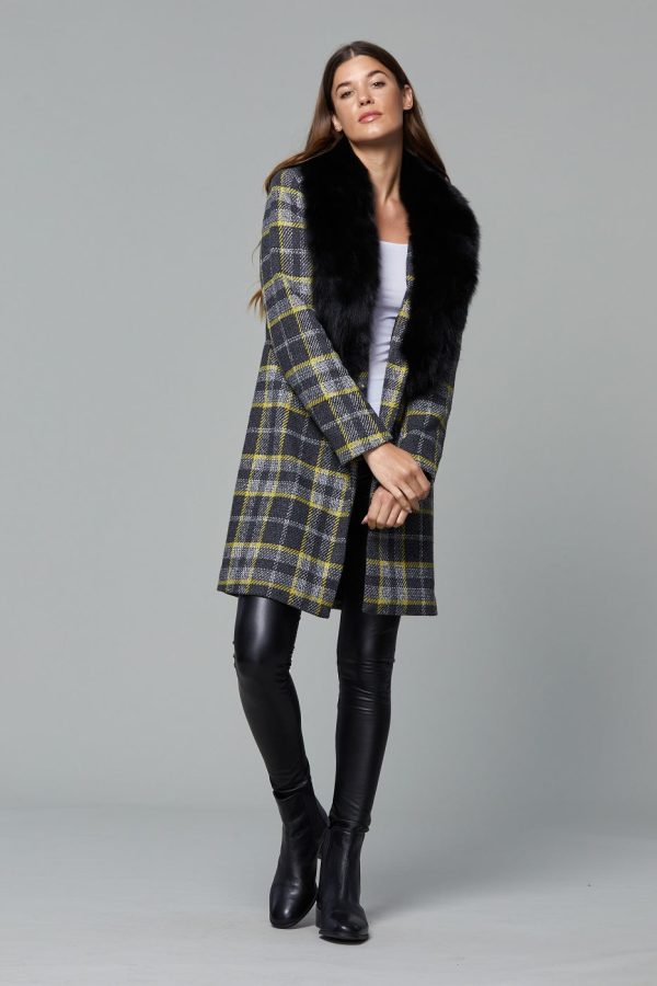 Long Plaid Coat with Detachable Fur Collar For Cheap