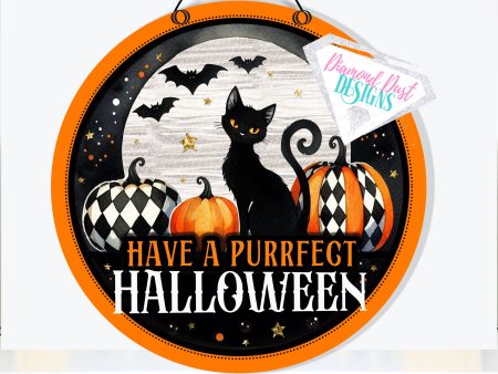 Have a Perfect Halloween Black cat round wood sign. For Sale