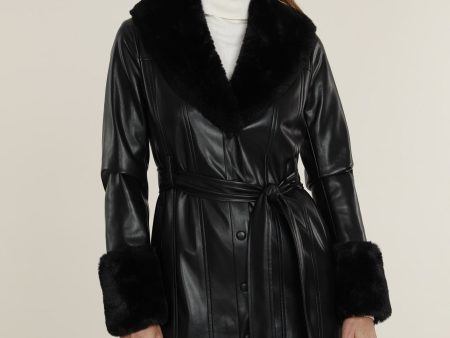 Faux Leather Trench Coat with Fur Trim Sale