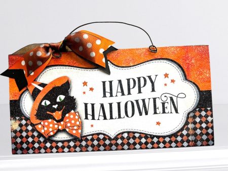 Happy Halloween vintage black cat sign. Wood or Metal option. Discount