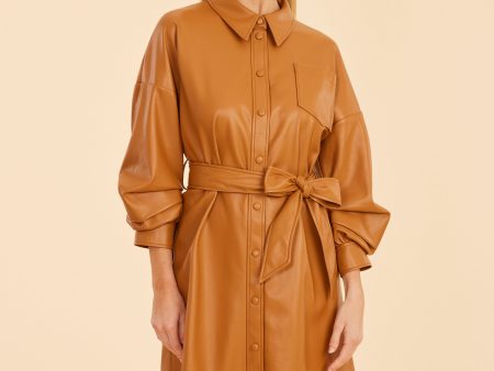 Faux Leather Belted Dress with Ruched Sleeves Cheap