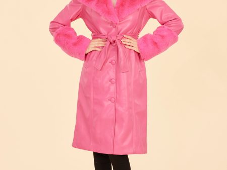 Faux Leather Trench Coat with Faux Fur Trim For Discount