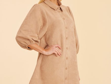 Faux Suede Puff Sleeve Shirt Dress For Sale