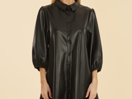 Classic Faux Leather Dress with Puff Sleeves Fashion