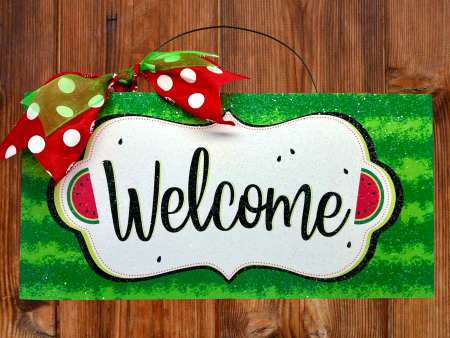 Welcome sign. Watermelon print with polka dots and glitter. For Discount